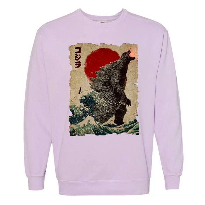 Vintage Japanese Godzilla Great Wave Poster Garment-Dyed Sweatshirt