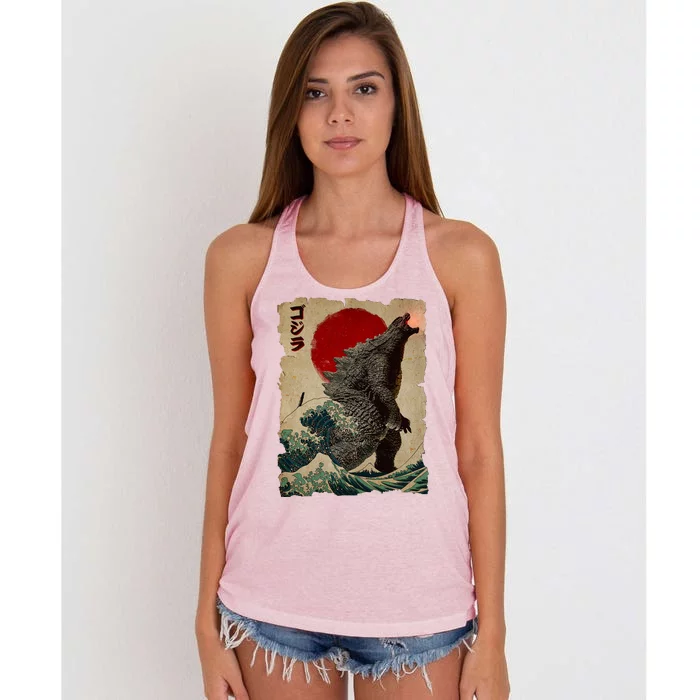 Vintage Japanese Godzilla Great Wave Poster Women's Knotted Racerback Tank