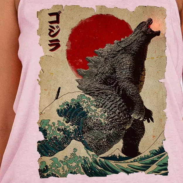 Vintage Japanese Godzilla Great Wave Poster Women's Knotted Racerback Tank