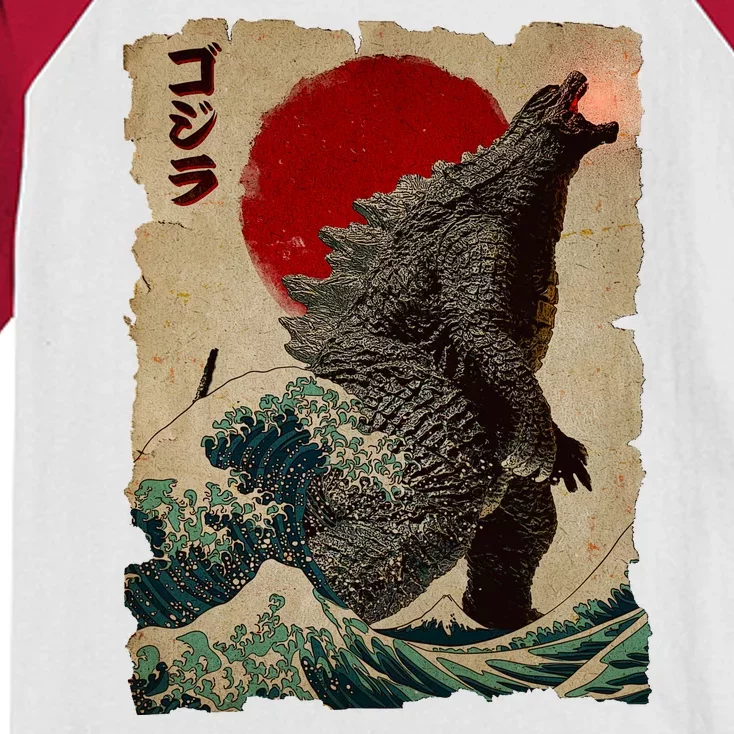 Vintage Japanese Godzilla Great Wave Poster Kids Colorblock Raglan Jersey