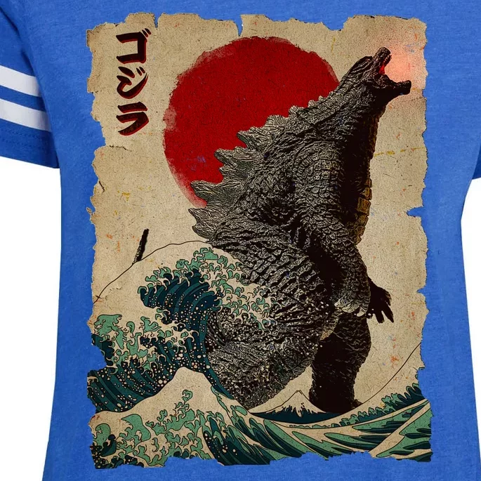 Vintage Japanese Godzilla Great Wave Poster Enza Ladies Jersey Football T-Shirt