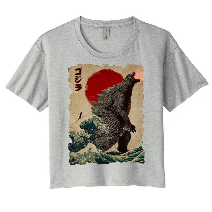 Vintage Japanese Godzilla Great Wave Poster Women's Crop Top Tee