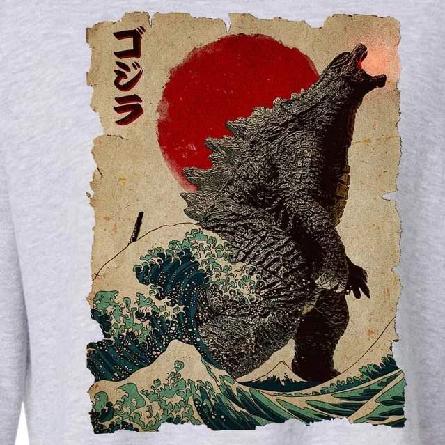 Vintage Japanese Godzilla Great Wave Poster Cropped Pullover Crew