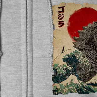 Vintage Japanese Godzilla Great Wave Poster Full Zip Hoodie