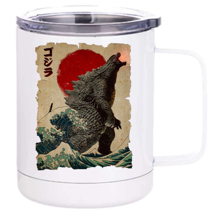 Vintage Japanese Godzilla Great Wave Poster Front & Back 12oz Stainless Steel Tumbler Cup