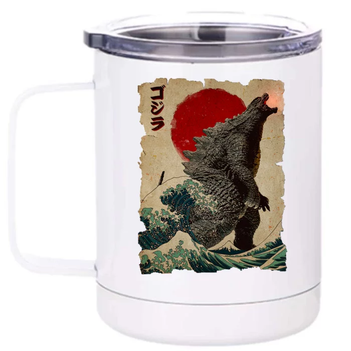 Vintage Japanese Godzilla Great Wave Poster Front & Back 12oz Stainless Steel Tumbler Cup