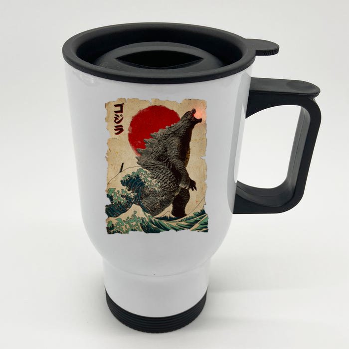 Vintage Japanese Godzilla Great Wave Poster Front & Back Stainless Steel Travel Mug