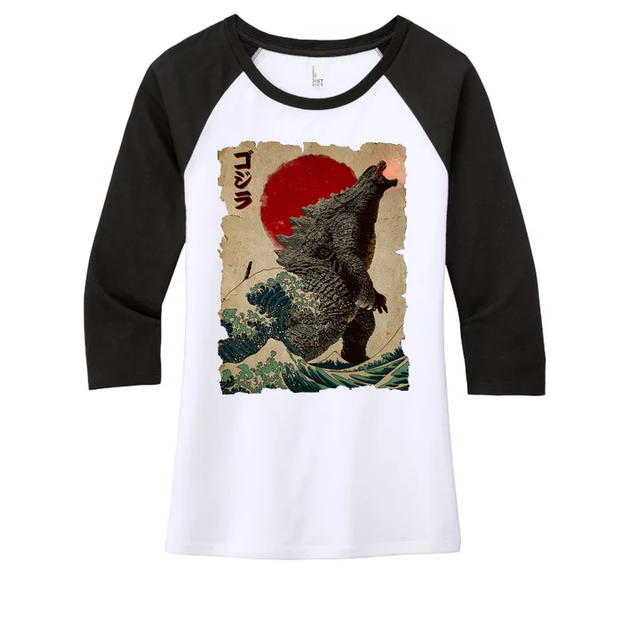 Vintage Japanese Godzilla Great Wave Poster Women's Tri-Blend 3/4-Sleeve Raglan Shirt