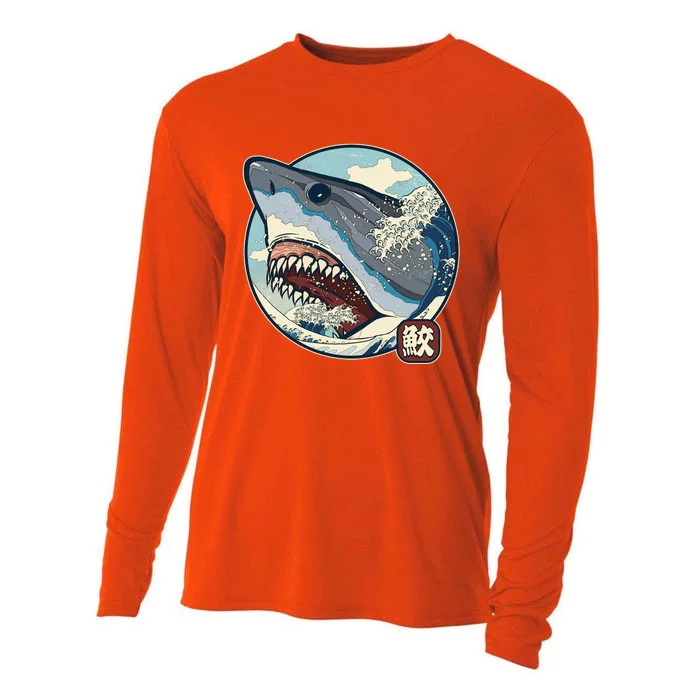 Vintage Japanese Great Wave Shark Attack Cooling Performance Long Sleeve Crew