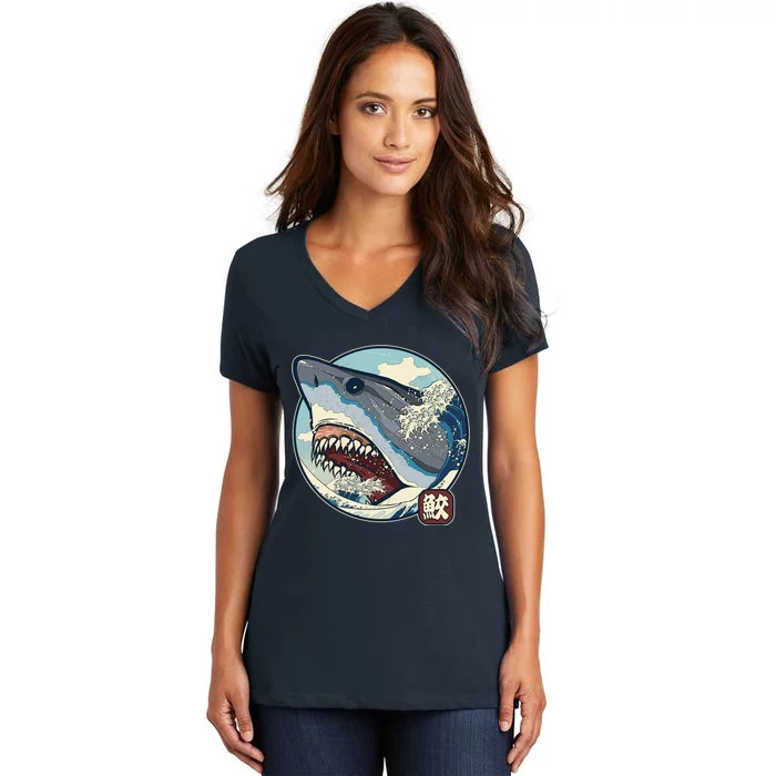 Vintage Japanese Great Wave Shark Attack Women's V-Neck T-Shirt