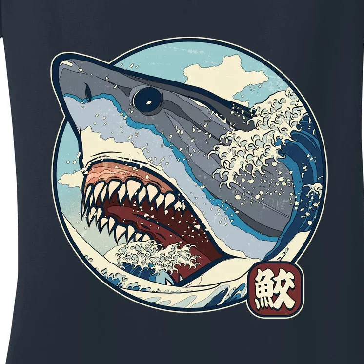 Vintage Japanese Great Wave Shark Attack Women's V-Neck T-Shirt