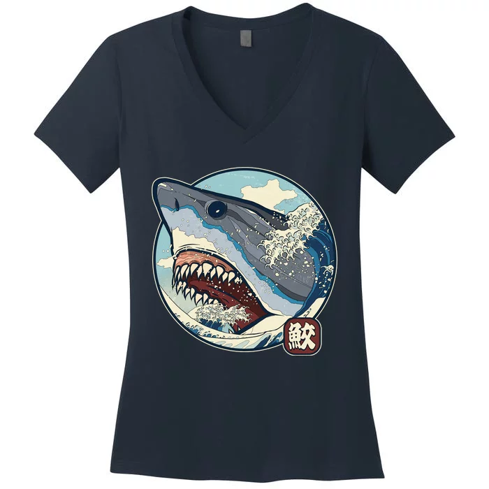 Vintage Japanese Great Wave Shark Attack Women's V-Neck T-Shirt