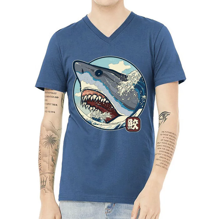 Vintage Japanese Great Wave Shark Attack V-Neck T-Shirt