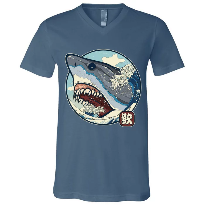 Vintage Japanese Great Wave Shark Attack V-Neck T-Shirt