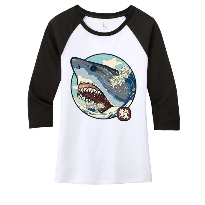 Vintage Japanese Great Wave Shark Attack Women's Tri-Blend 3/4-Sleeve Raglan Shirt