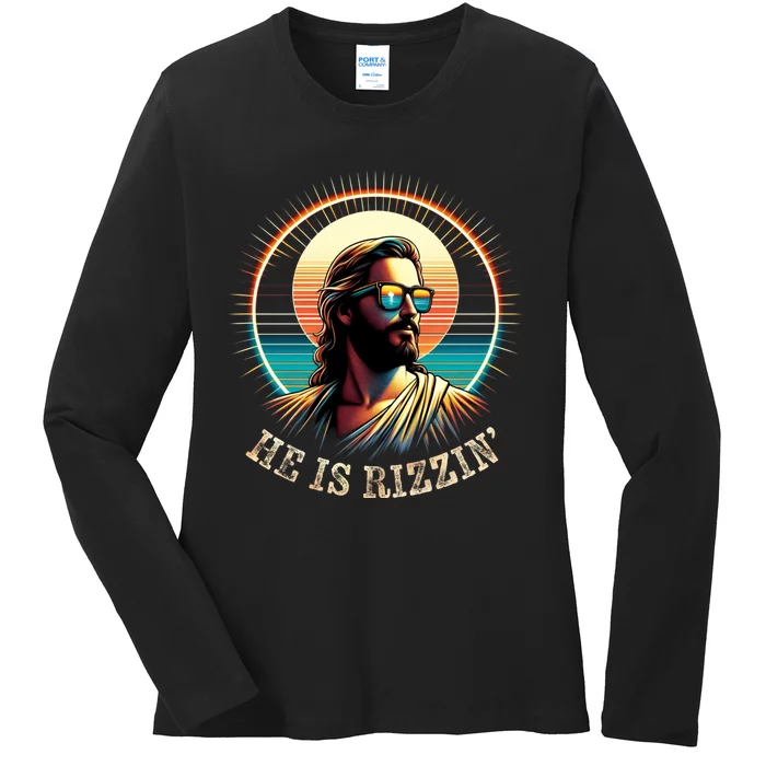 Vintage Jesus Is Rizzen Easter Christian He Is Rizzin Ladies Long Sleeve Shirt