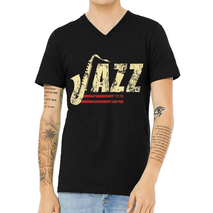 Vintage Jazz Lovers Music Band Player Saxophone V-Neck T-Shirt