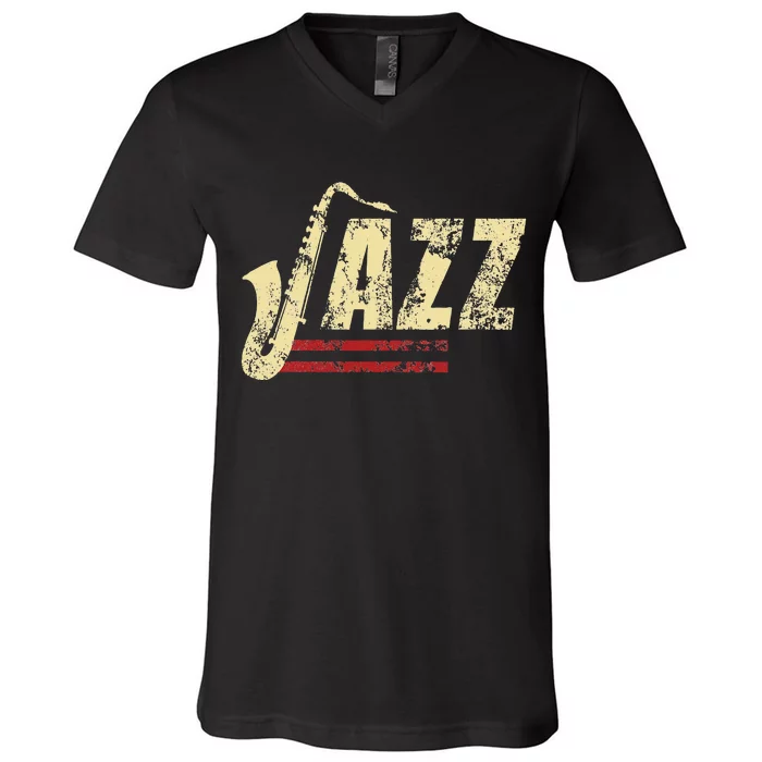 Vintage Jazz Lovers Music Band Player Saxophone V-Neck T-Shirt