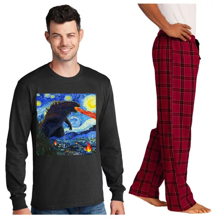 Vintage Japanese Monster Kaiju In Van Gogh Starry Night Long Sleeve Pajama Set