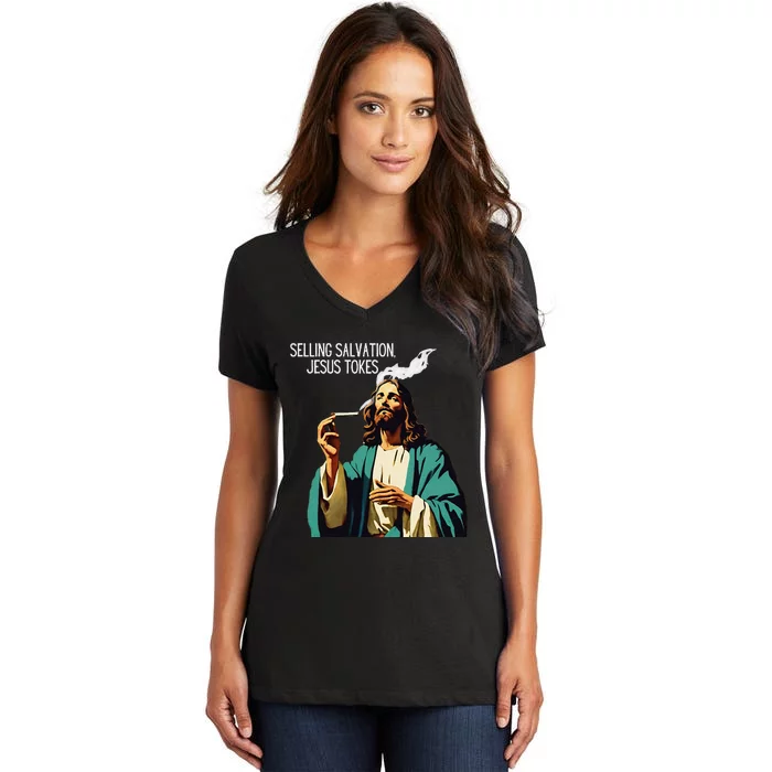 Vintage Jesus Meme Selling Salvation God Smoking Christ Women's V-Neck T-Shirt