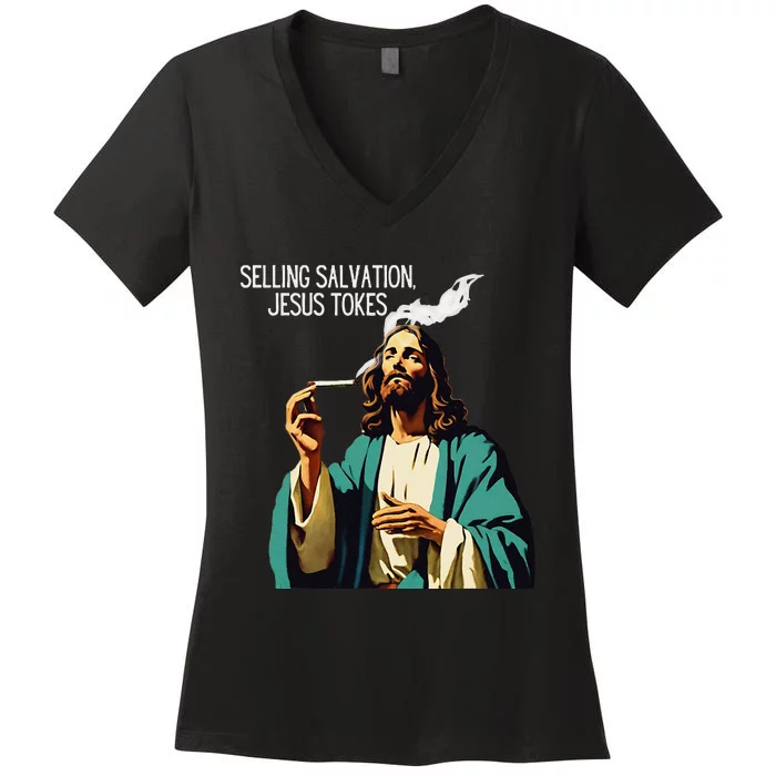 Vintage Jesus Meme Selling Salvation God Smoking Christ Women's V-Neck T-Shirt