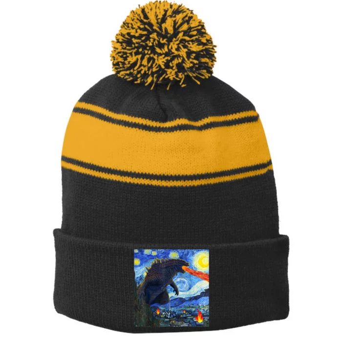 Vintage Japanese Monster Kaiju In Van Gogh Starry Night Stripe Pom Pom Beanie