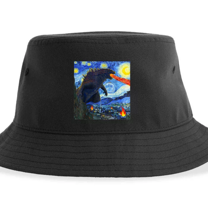 Vintage Japanese Monster Kaiju In Van Gogh Starry Night Sustainable Bucket Hat