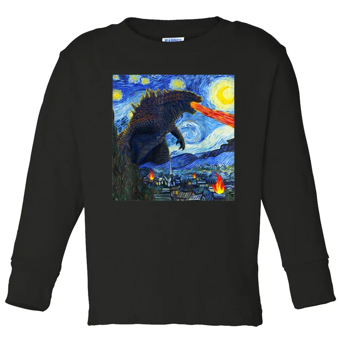 Vintage Japanese Monster Kaiju In Van Gogh Starry Night Toddler Long Sleeve Shirt