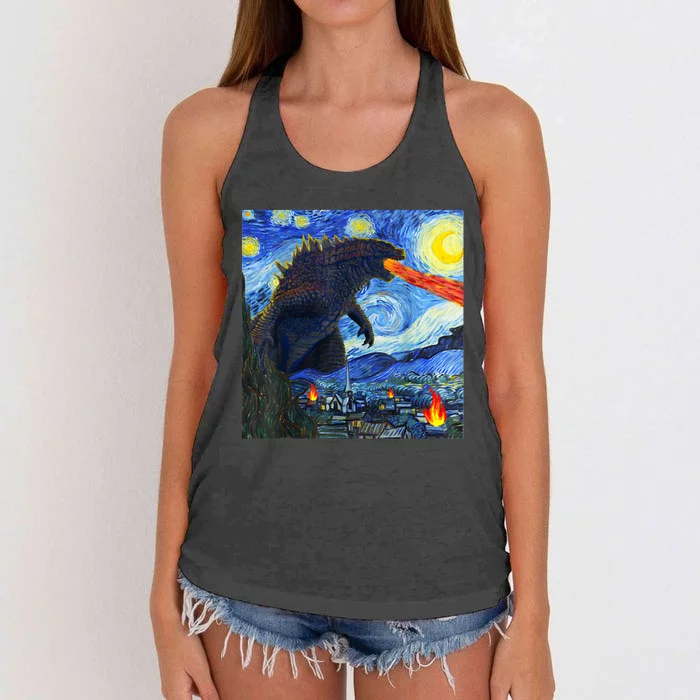 Vintage Japanese Monster Kaiju In Van Gogh Starry Night Women's Knotted Racerback Tank