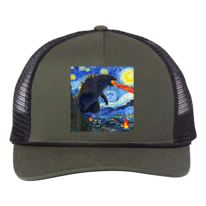 Vintage Japanese Monster Kaiju In Van Gogh Starry Night Retro Rope Trucker Hat Cap