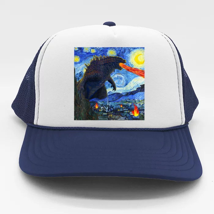 Vintage Japanese Monster Kaiju In Van Gogh Starry Night Trucker Hat