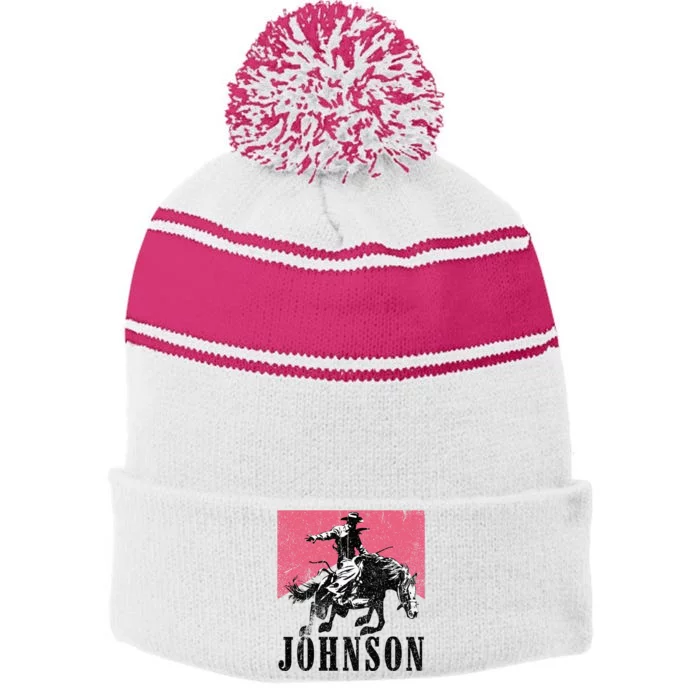 Vintage Johnson Name Personalized Stripe Pom Pom Beanie