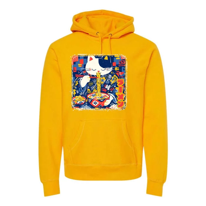 Vintage Japanese Ramen Noodle Neko Cat Premium Hoodie