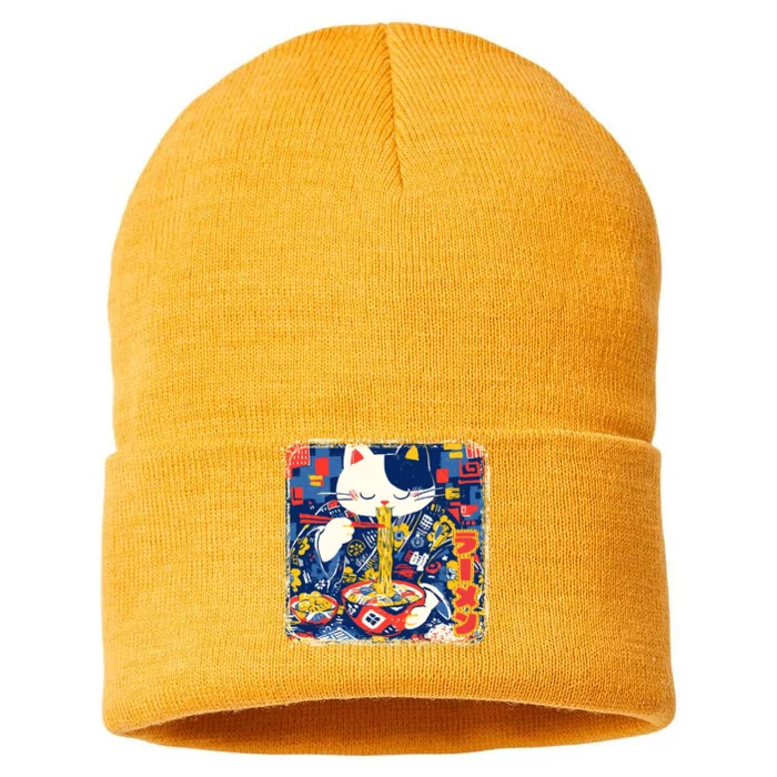 Vintage Japanese Ramen Noodle Neko Cat Sustainable Knit Beanie