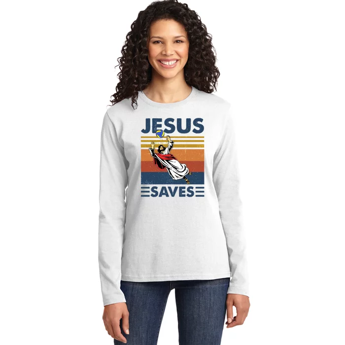 Volleyball Jesus Saves Vintage Volleyball Coach Ladies Long Sleeve Shirt