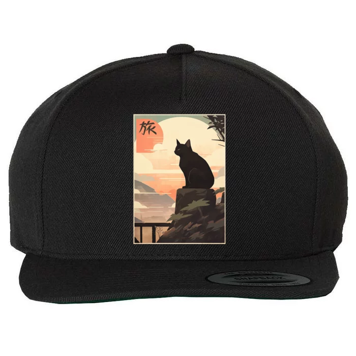 Vintage Japanese Scenery Kanji Writing Journey Black Cat Gift Wool Snapback Cap