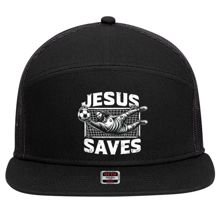 Vintage Jesus Saves Soccer Goalie Funny Gift 7 Panel Mesh Trucker Snapback Hat