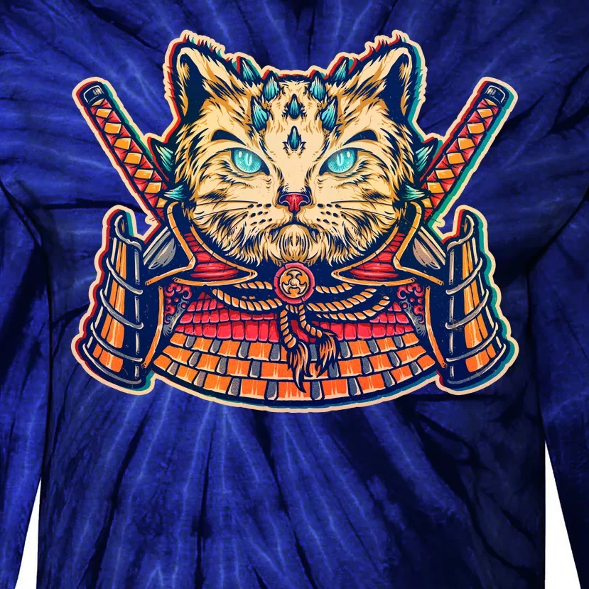 Vintage Japanese Samurai Warrior Cat Tie-Dye Long Sleeve Shirt