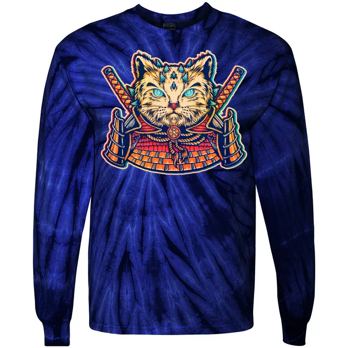 Vintage Japanese Samurai Warrior Cat Tie-Dye Long Sleeve Shirt