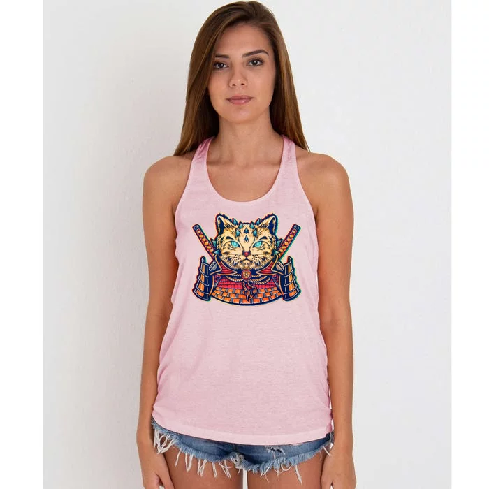 Vintage Japanese Samurai Warrior Cat Women's Knotted Racerback Tank