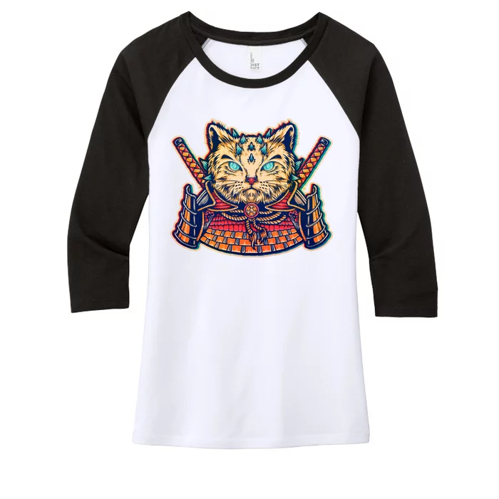 Vintage Japanese Samurai Warrior Cat Women's Tri-Blend 3/4-Sleeve Raglan Shirt