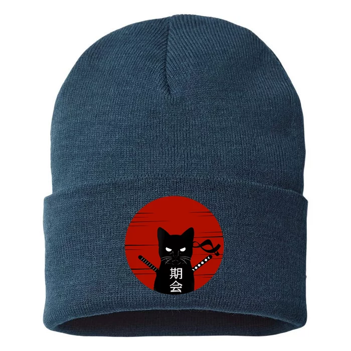 Vintage Japanese Sunset Style Cat Kitten Lover Sustainable Knit Beanie