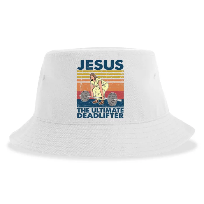 Vintage Jesus The Ultimate Deadlifter Funny Christian Gym Sustainable Bucket Hat