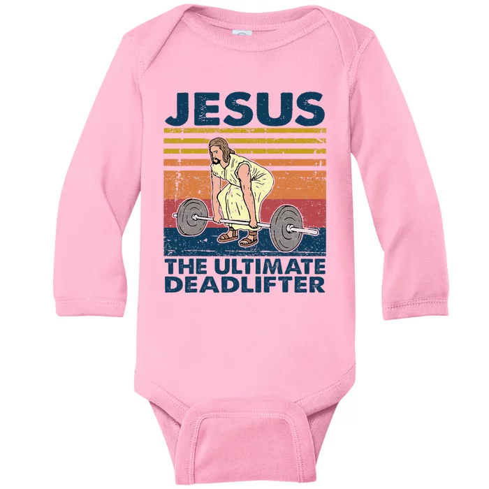 Vintage Jesus The Ultimate Deadlifter Funny Christian Gym Baby Long Sleeve Bodysuit