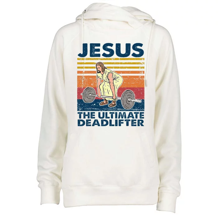 Vintage Jesus The Ultimate Deadlifter Funny Christian Gym Womens Funnel Neck Pullover Hood