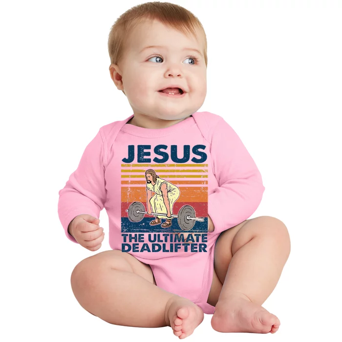 Vintage Jesus The Ultimate Deadlifter Funny Christian Gym Baby Long Sleeve Bodysuit