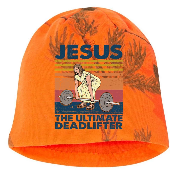 Vintage Jesus The Ultimate Deadlifter Funny Christian Gym Kati - Camo Knit Beanie