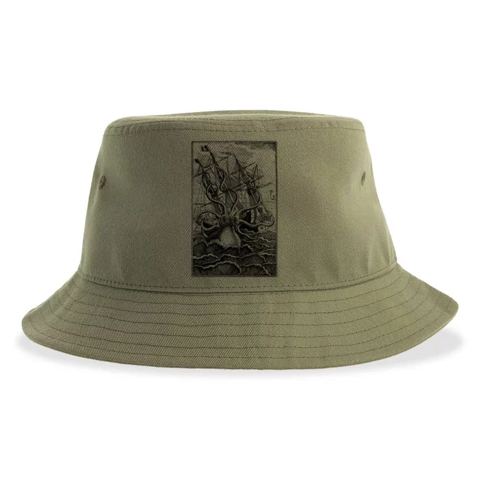 Vintage Kraken Attacking Ship Illustration Sustainable Bucket Hat