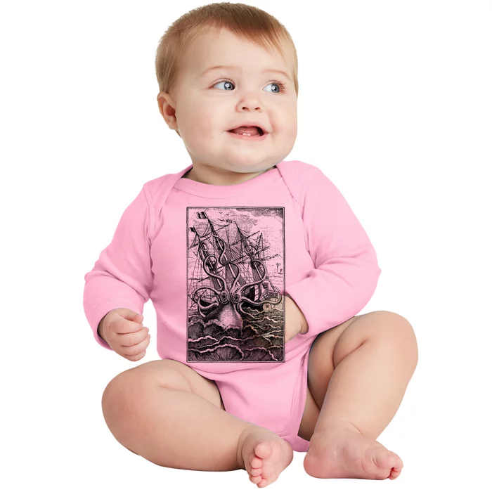 Vintage Kraken Attacking Ship Illustration Baby Long Sleeve Bodysuit