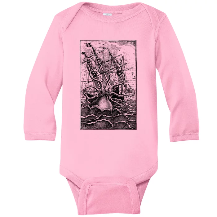 Vintage Kraken Attacking Ship Illustration Baby Long Sleeve Bodysuit